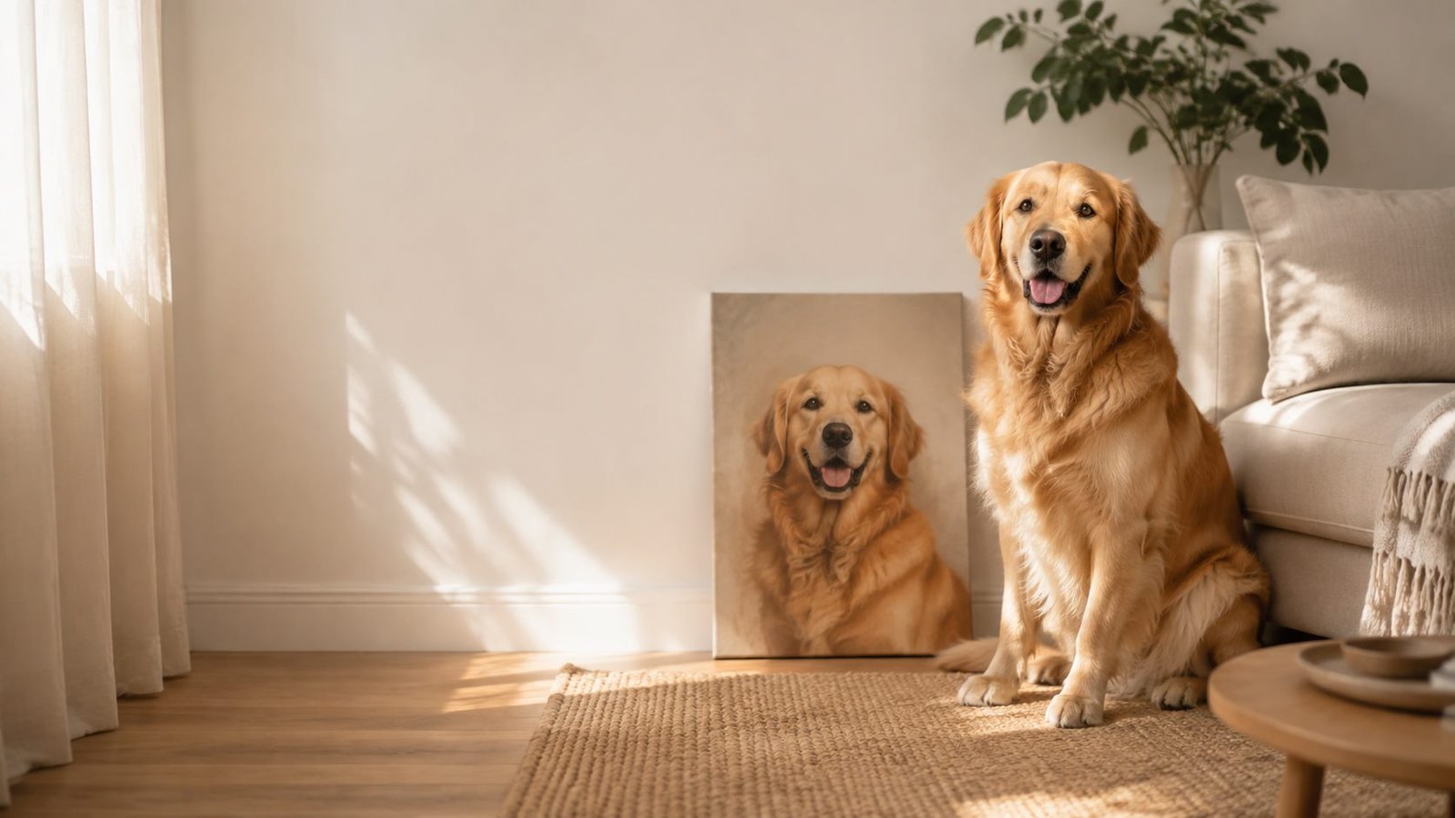 A golden retriever beside its custom canvas portrait in a warm home