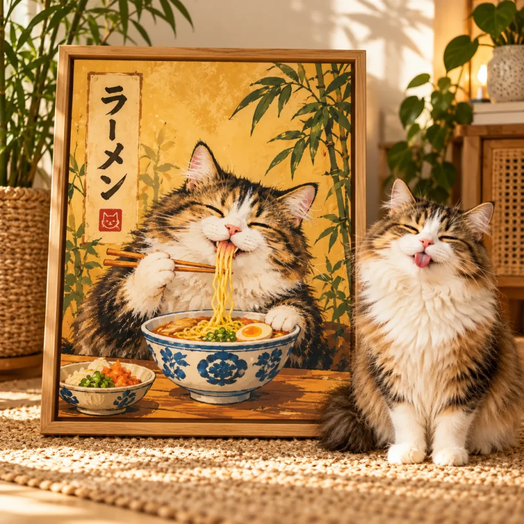 Custom Noodle Lover Cat Portrait – Japanese-Inspired Canvas Print